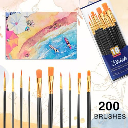 ESRICH Acrylic Paint Brushes Set, 20 Packs 200 Pcs Nylon Hair | Acrylic Oil Watercolor, Face Nail Art, Miniature Detailing, Rock Painting,Painting Artist Professional Kit(Black) - color: Black, size: 200