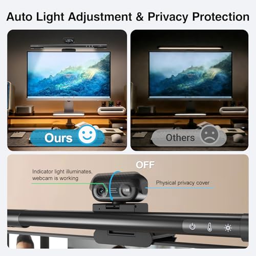 4-in-1 4K Webcam with Microphone and Speaker, Noise Cancellation, Privacy Cover, Auto Light Correction, 90° FOV , Plug & Play USB Camera with Monitor Light Bar, Webcam for PC/Meeting/Online Video
