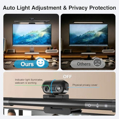 4-in-1 4K Webcam with Microphone and Speaker, Noise Cancellation, Privacy Cover, Auto Light Correction, 90° FOV , Plug & Play USB Camera with Monitor Light Bar, Webcam for PC/Meeting/Online Video