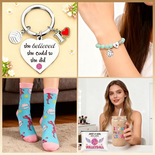 Volleyball Gifts for Teen Girls & Women, Pink Volleyball Accessories Includes 16oz Glass Cups, Makeup Bag, Socks, Keychain, and Bracelets, Senior Night Gifts for Team Players Sports Lovers
