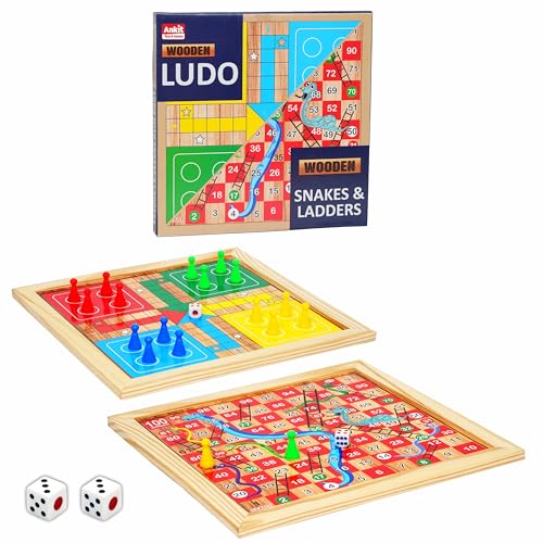 Ankit Toys & Games 2 in 1 Ludo & Snakes & Ladders Wooden Board Game – Premium Reversible Solid Family Game Set Classic Strategy & Luck Game Perfect Educational Gift for Kids & Adults Durable Board