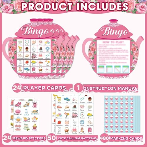 39Pcs Tea Party Bingo Game for Adults 24 Players Floral Teapot Shape Bingo Cards with Reward Stickers for Family Friend Student Large Group Activities Garden Bridal Wedding Holiday Party Favors - style: Tea