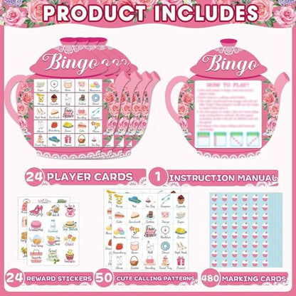 39Pcs Tea Party Bingo Game for Adults 24 Players Floral Teapot Shape Bingo Cards with Reward Stickers for Family Friend Student Large Group Activities Garden Bridal Wedding Holiday Party Favors - style: Tea