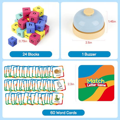 Edulok Word Race Cube - Preschool Wooden Alphabet Letter Blocks & Phonics Matching Games - CVC Word Learning Toys