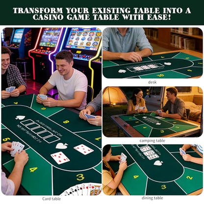 Poker Table Top Mat 70"x35" Blackjack Poker Mat with Non Slip Rubber Backing and Carry Bag for Home Poker Card Game Night Up to 10 Players (Green) - color: Green