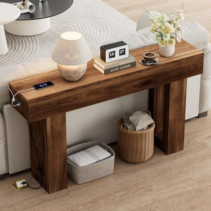 63 Inch Long Console Table w/Outlets & USB Ports, Narrow Rectangular Sofa Table Behind The Couch, Farmhouse Entryway Table for Entrance, Hallway, Living Room(Brown with Outlet) - color: Brown, style: With Socket