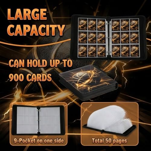 Trading Card Binder 9 Pocket, Gold Basketball Card Binder Holds 900 Cards with 50 Removable Sleeves, Waterproof PU Leather with Zipper Card Collector Album Book Compatible with TCG Cards - color: Gold Basketball