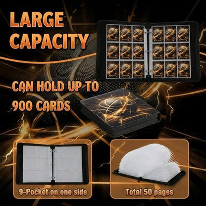 Trading Card Binder 9 Pocket, Gold Basketball Card Binder Holds 900 Cards with 50 Removable Sleeves, Waterproof PU Leather with Zipper Card Collector Album Book Compatible with TCG Cards - color: Gold Basketball