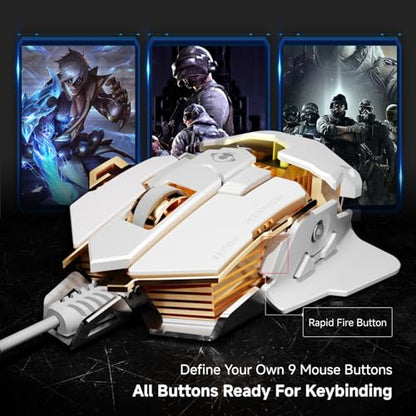 EWEADN G5 Wired Gaming Mouse with Adjustable Tail, 12800 DPI Programmable Computer Mouse with RGB Backlit, 9 Macro Buttons, Rapid Fire Key & Aluminum Base Ergonomic PC Mice for Laptop, PC-White - color: White