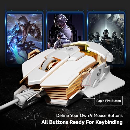 EWEADN G5 Wired Gaming Mouse with Adjustable Tail, 12800 DPI Programmable Computer Mouse with RGB Backlit, 9 Macro Buttons, Rapid Fire Key & Aluminum Base Ergonomic PC Mice for Laptop, PC-White - color: White