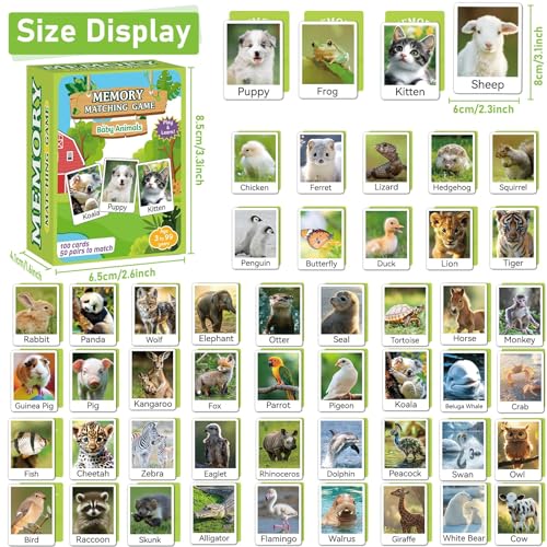 gisgfim 100 PCS Memory Matching Game Animal Babies Concentration Memory Card Educational Game for Kids Adults A Fun & Fast Baby Animals Game Toddlers Preschool Family Board Gift Matching Games - style: Animal Babies