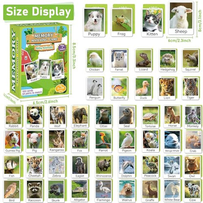 gisgfim 100 PCS Memory Matching Game Animal Babies Concentration Memory Card Educational Game for Kids Adults A Fun & Fast Baby Animals Game Toddlers Preschool Family Board Gift Matching Games - style: Animal Babies