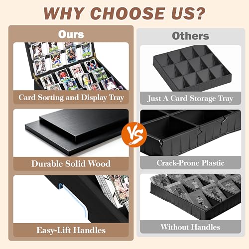 Emfogo Wooden Card Sorting Tray Trading Card Display, 16-Compartment Trading Cards Organizer with Handle Design, Cards Sorter for Sports, Trading, TCG, Game, and Collection Display, Black
