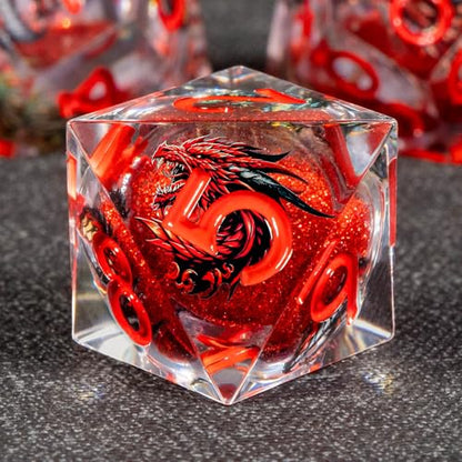 KERWELLSI Liquid Core Dragons Pattern Dice, Resin DND Dice Set with Gift Box, Red Sharp Edged Dungeons D&D Dice, Role Playing Game Dice D20 D12 D10 D8 D6 D4 - color: Red