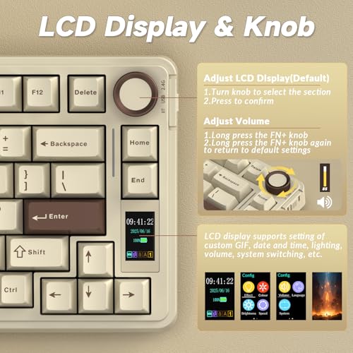 AULA S75 PRO Wireless Mechanical Keyboard with Screen&Knob, 75% Hot Swappable Gaming Keyboard with Pre-lubed Switches, RGB Backlit, PBT Keycaps, Creamy Sounding Computer Keyboards - color: Mocha