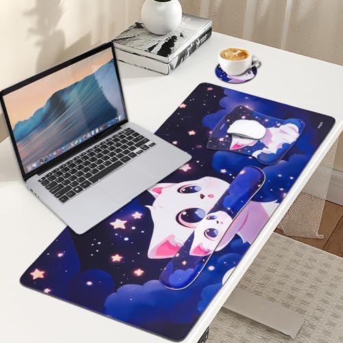 MEGREZ 4-in-1 Mouse Pad with Wrist Rest Ergonomic Memory Foam Desk Mat Set | ergonomic, anti-slip base, 4pcs set, desk pad, mouse wrist rest, keyboard rest, coaster, ideal for office & gaming - color: Blue Purple