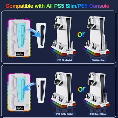 PS5 Cooling Station and PS5 Stand with RGB Controller Charging Station for PlayStation 5 Console, Controller Charger, Cooling Stand, PS5/Slim/Pro Accessories Kit with 3 Level Cooler Fan - color: piano-white