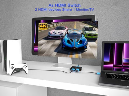 KAGO 4K@60Hz Bi-Directional HDMI Switch Splitter | 2 in 1 Out / 1 in 2 Out, 18Gbps HDCP 2.2, HDR & 3D - size: 2x1