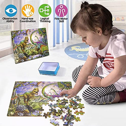 LELEMON Puzzles for Kids Ages 4-6,100 Piece Puzzles for Kids in Metal Box | Dinosaur Educational Kids Puzzles Jigsaw Puzzles,Children 100 Piece Puzzle Games Puzzle Toys for Girls and Boys - color: Dinosaur