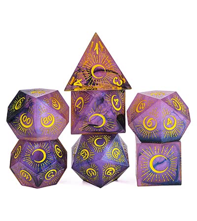 Cusdie Sharp Edges DND Dice, 7 PCs Moon Dice Set D&D Dice, Handcrafted Polyhedral Dice Set, for Role Playing Game (Moon/Purple Black) - color: Moon Pattern-purple Black