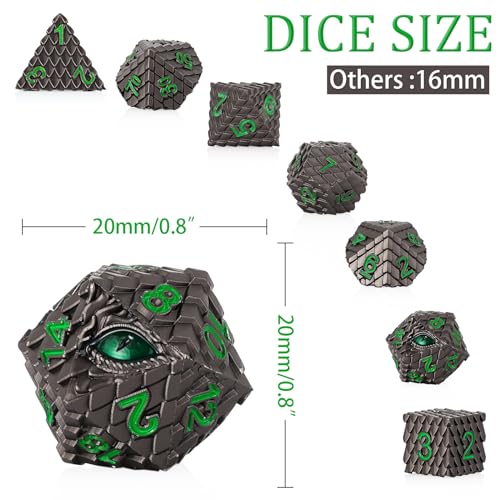 Metal Dice Set D&D,7 PCS Dragon Scale Metallic DND Dice Set,Dragon Eye Metal Dice with Grogeous Gift Case for Dungeons and Dragon Tabletop Game (Black Dragon Scale & Green Eye) - color: Black Dragon Scale & Green Eye
