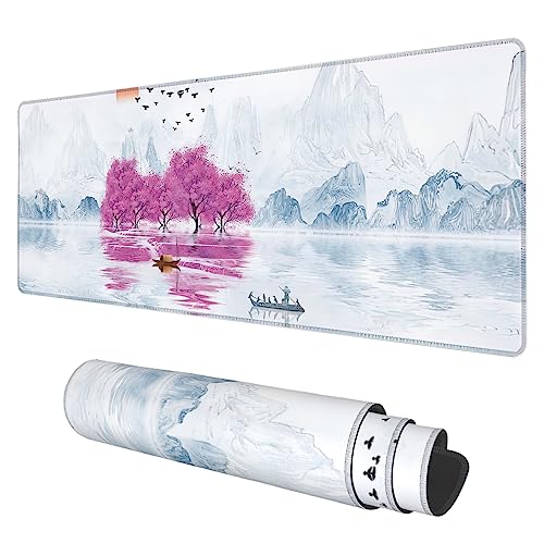 Desk Mat, Cherry Blossom Tree Oil Ink Painting Extended Gaming Mouse Pad Large, 31.5"x11.8" Big Mouse Pad with Non-Slip Base and Stitched Edge, Long Computer Keyboard Mouse Mat for Home Office Work - color: Cherry Blossom Tree Oil Ink Painting, size: 11.8
