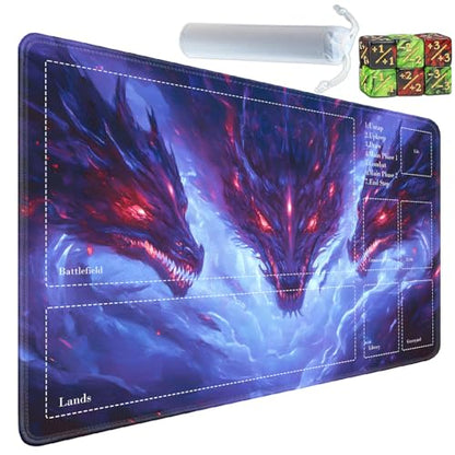 for MTG Card Playmat with Zones-Includes A Storage Bag and 6 Dice, 24 x 14 inches for TCG Playmat with Non-Slip Rubber, Game Mat, Dragon - color: Yux-playmats-2-2A-281