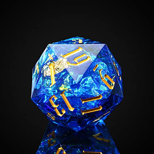 Cusdie Single D20 DND Dice with Sharp Edges and Glitter Foil Inclusions, 20 Sided D&D Dice, 33mm Handcrafted Polyhedral Dice, for Role Playing Game (Sapphire Blue/G) - color: Sapphire Blue