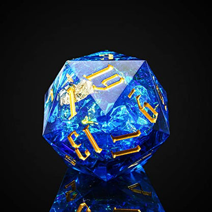 Cusdie Single D20 DND Dice with Sharp Edges and Glitter Foil Inclusions, 20 Sided D&D Dice, 33mm Handcrafted Polyhedral Dice, for Role Playing Game (Sapphire Blue/G) - color: Sapphire Blue