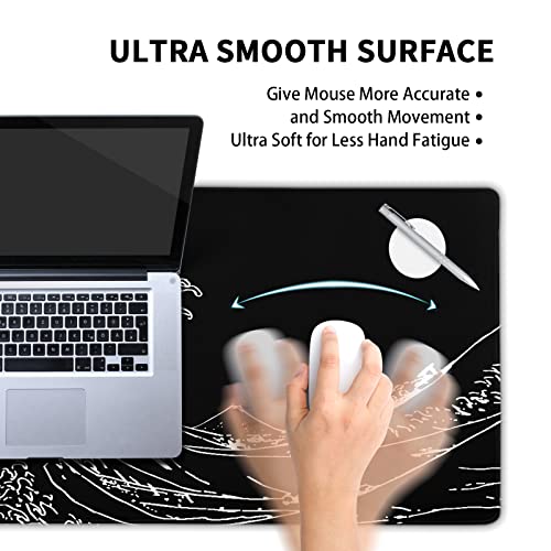 Black and White Japanese Sea Wave Mouse Pad,Extended Large Gaming Mouse Pads 31.5x11.8 in,Japanese Kanagawa Desk Mat,Laptop Mousepad Non-Slip Rubber MousePads for Office Home Travel - color: Japanese Sea Wave, size: 11.8" x 31.5"