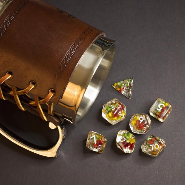 Sage’s Portal Cantrips DND Dice Set - Round Edge Resin 7-PC Polyhedral DND Dice Set for Dungeons and Dragons D&D RPG Tabletop TTRPG (Red/Yellow/Green Flowers) - color: Tri Flowers