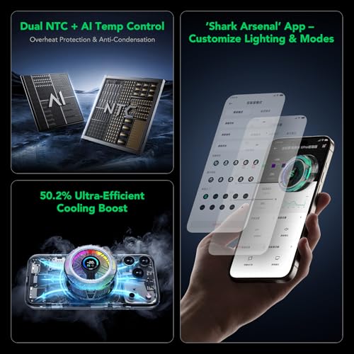 Black Shark Magnetic Phone Cooler 6 Pro – Smart Display, Magnetic Ring Plate, Addressable RGB LEDs, App-Controlled Cooling Fan for iPhone MagSafe, Android & iPad – Gaming, Streaming & Photography