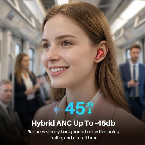 TOZO Hybrid Active Noise Cancelling Wireless Earbuds 6 Mics AI Clear Call | 68H Playtime LED Display 32 Preset EQs App Bluetooth 5.3 IPX8 Waterproof Ear Buds - color: Red