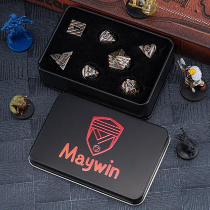 Premium Inlay Metal Dice Set, Heavy Zinc Alloy DND Dice for Serious RPG Players - color: Antique Nickel Red