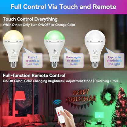 Neporal MagixPro RGB Remote Rechargeable Light Bulbs, Dual Recharge (USB & Socket Charging), Color Changing Dimmable LED Bulb, No Outlet Needed, Touch + Remote Control, Non Electric Lighting, 2 Pack - color: Rgb