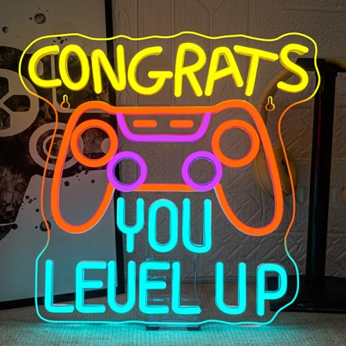 Gaming Neon Signs Congrats You Level Up Neon Sign Console LED Lights for Wall Decor Game Room Man Cave Decor Video Party Great gift for Game lovers - color: colorful-A-level up