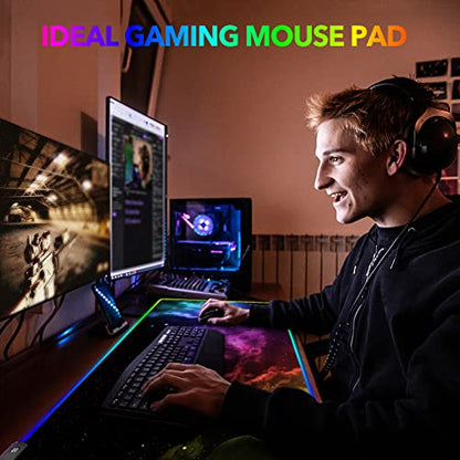 AIMSA Large RGB Gaming Mouse Pad, Keyboard Mousepad Led Extended 35.4 x 15.8 inch Non-Slip Rubber Base with 14 Lighting Modes, Big Desk Mat Waterproof, Nebula Universe - color: Nebula Universe
