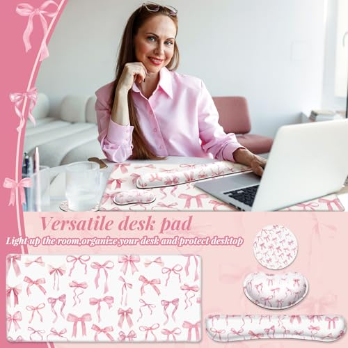 Relaxweex 4 Pcs Pink Bow Keyboard Mat and Mouse Pad Set Coquette Desk Mat Bowknot Mouse Pad with Wrist Rest Cute Keyboard Wrist Rest Preppy Cup Coasters Pink Ergonomic Design for Office Table Computer