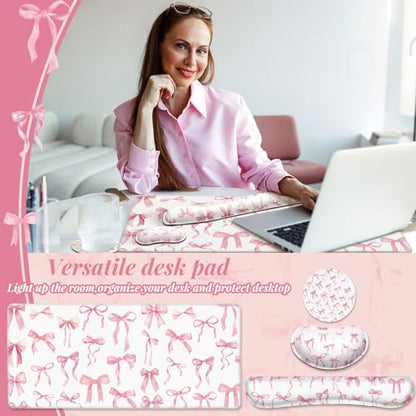 Relaxweex 4 Pcs Pink Bow Keyboard Mat and Mouse Pad Set Coquette Desk Mat Bowknot Mouse Pad with Wrist Rest Cute Keyboard Wrist Rest Preppy Cup Coasters Pink Ergonomic Design for Office Table Computer