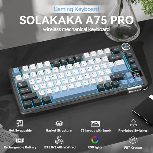 SOLAKAKA A75 PRO Black Gaming Keyboard 75% Wireless Mechanical with Screen and Knob, RGB Backlit Hot Swappable Gasket Pre-lubed PBT Keycaps for PC/Mac/Win - color: BlackBluewhite