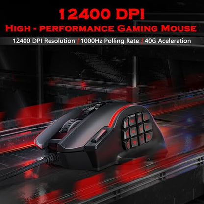 Redragon Gaming Mouse, MMO Mouse Gaming UP 12400 DPI, 19 Macro Programmable Buttons, RGB Mouse with 12 Side Buttons, 8 * 2.4g Weight Tuning for PC Laptop MOBA FPS, M901K, Black - color: Black-k