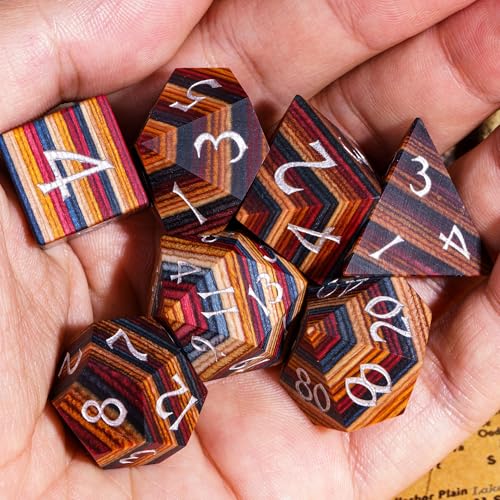Wooden Dice Set Yellow Striped Wood DND Dice for D&D Tabletop Games | Iron Box, DM Gift, for Dungeons and Dragons Role Playing Games - color: Yellow Striped/Silver
