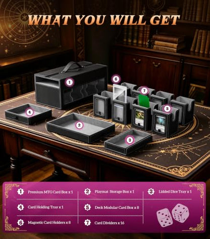 TiMOVO MTG Commander Deck Box, 11-in-1 Modular for TCG/PTCG, Black Gray | 8-Deck Card Storage Case and 3 Dice Trays, Holds 1760+ Single-Sleeved Cards, Display Window, Carry handle - color: Black Gray