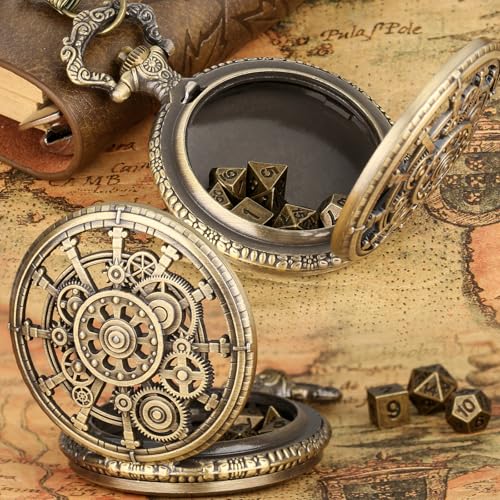 Mini DND Dice Set with Steampunk Hollow Gear Pocket Watch Shell Case, 7pcs Polyhedral Metal D&D Dice, DND Gifts with Gift Box for DND Fans, Role Playing Board Games Accessories - color: Bronze