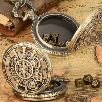 Mini DND Dice Set with Steampunk Hollow Gear Pocket Watch Shell Case, 7pcs Polyhedral Metal D&D Dice, DND Gifts with Gift Box for DND Fans, Role Playing Board Games Accessories - color: Bronze