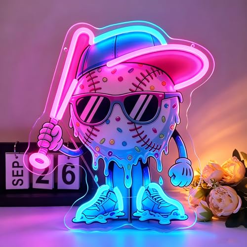 Baseball Neon Sign for Bedroom, LED Baseball Wall Decor with Cool Cartoon Light Sign, USB Powered Night Light for Boys Room Sport Club Bar Baseball Game Room Man Cave Decor - color: Pink and Blue,Bangqiu