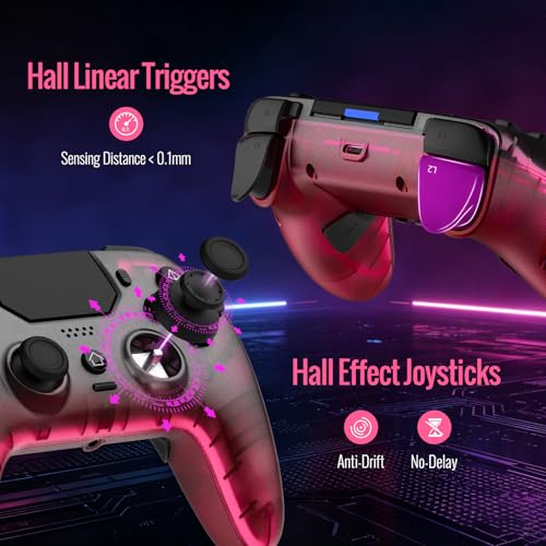 BETMI Wireless Controller for PS-5, Pro/Slim/PC (Black/Hot Pink/Clear) | Hall Effect Joystick & Trigger/Macro/Turbo/RGB Light/3.5mm TRRS Audio Jack/Speaker/Mic/Mute Button/6-Axis Gyro/Dual Vibration