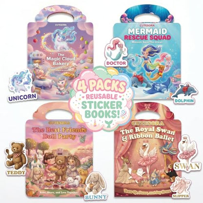 Reusable Jelly Sticker Books for Girls 3-8, Toddlers 2-4, 4 Sets | Unicorn, Mermaid, Ballet & Doll | Reusable Jelly Stickers Silicone | 3D Puffy Window Cling | Travel Gift | Girls Ages 2-8 - style: Unicorn/Mermaid/Ballet/Doll