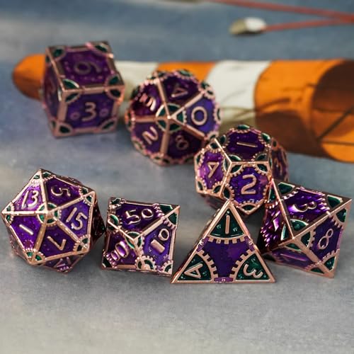 UDIXI Metal Dice Set D&D Steampunk Gear Metal DND Dice for Tabletop Games | 7PCS, Purple, Solid Metal, Metal Gift Box, DM Gift, for Dungeons and Dragons RPG Role Playing Games - color: Gear-purple With Green