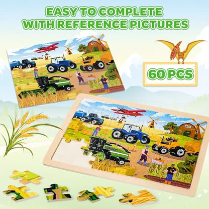 6-Pack Wooden Puzzles for Kids Ages 3-5, 60-Piece Construction Vehicle Set | Toddler Puzzles Ages 3-5, Preschool Puzzles with Wooden Jigsaw Boards for Fine Motor Skills, Shape Recognition and Travel - style: Vehicles